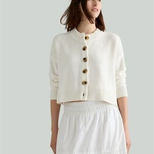 NWT Quince Womens 100% Organic Cotton Cropped Cardigan Ivory Faux Horn Buttons M